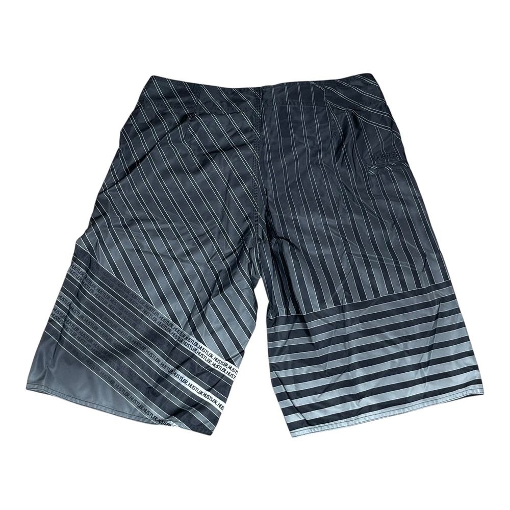 NEW Y2K Hustler Striped Board Shorts Black Grey Geometric Swim Trunks Mens 32 - Picture 2 of 5